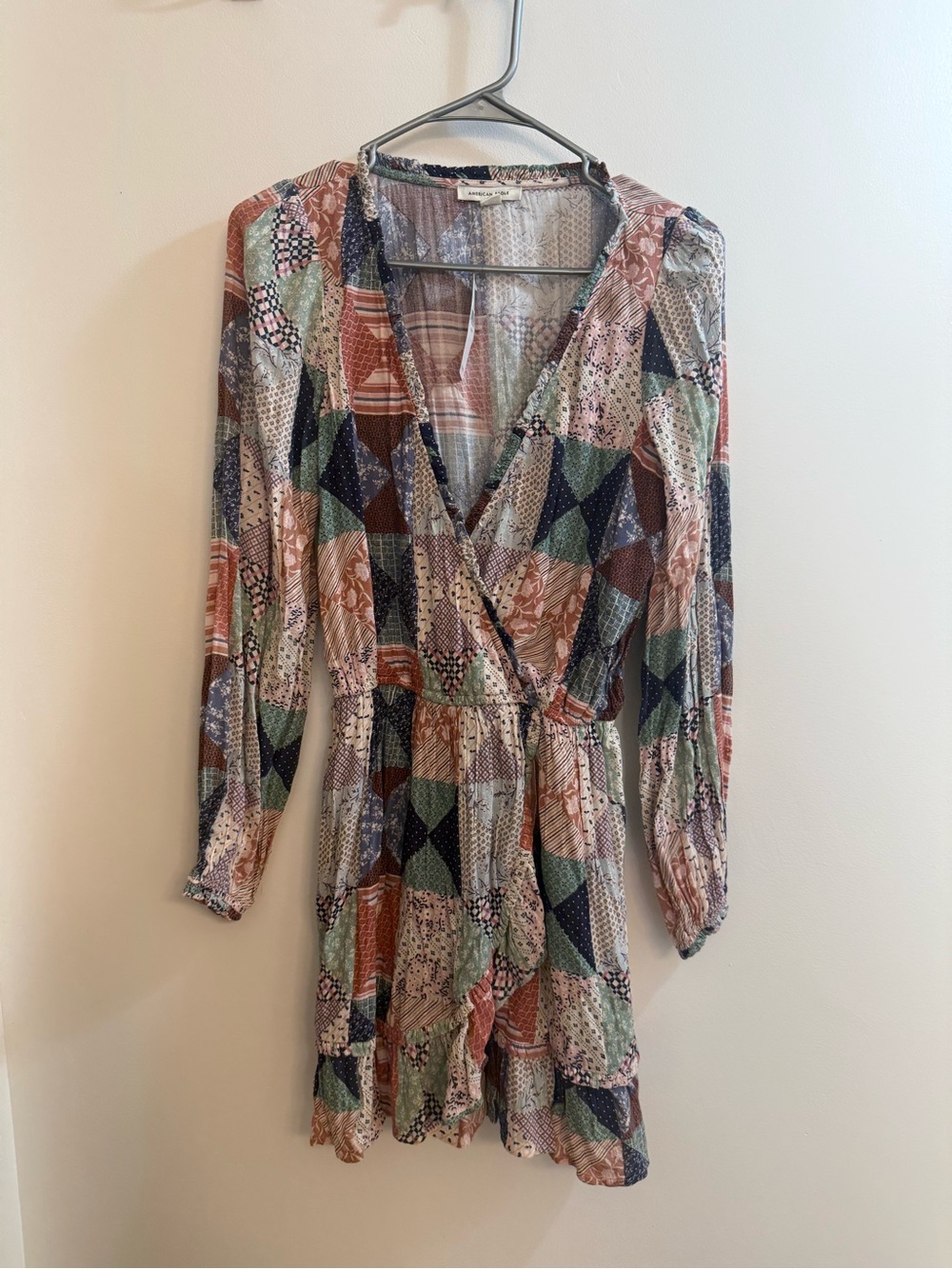 American Eagle Patchwork Print Wrap Mini Dress in Multi Color